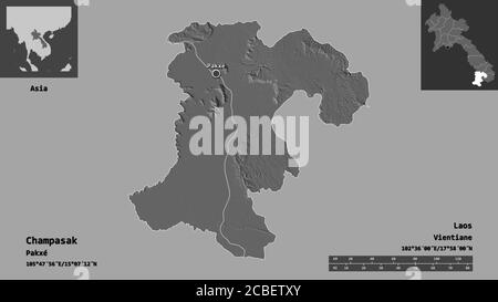 Shape of Champasak, province of Laos, and its capital. Distance scale, previews and labels. Bilevel elevation map. 3D rendering Stock Photo