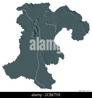 Shape of Champasak, province of Laos, with its capital isolated on white background. Colored elevation map. 3D rendering Stock Photo