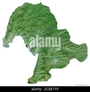 Shape of Bokeo, province of Laos, with its capital isolated on white background. Satellite imagery. 3D rendering Stock Photo