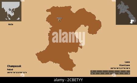 Shape of Champasak, province of Laos, and its capital. Distance scale, previews and labels. Composition of patterned textures. 3D rendering Stock Photo