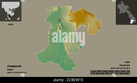Shape of Champasak, province of Laos, and its capital. Distance scale, previews and labels. Topographic relief map. 3D rendering Stock Photo