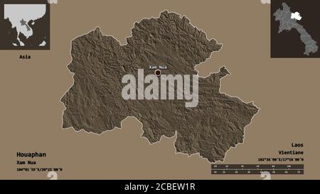 Shape of Houaphan, province of Laos, and its capital. Distance scale, previews and labels. Colored elevation map. 3D rendering Stock Photo