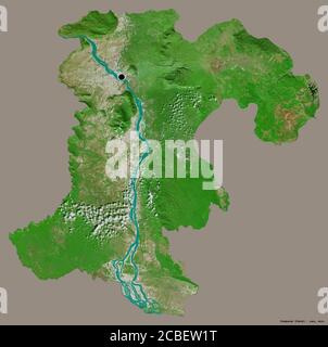Shape of Champasak, province of Laos, with its capital isolated on a solid color background. Satellite imagery. 3D rendering Stock Photo