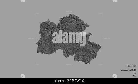 Area of Houaphan, province of Laos, isolated on a solid background in a georeferenced bounding box. Labels. Bilevel elevation map. 3D rendering Stock Photo