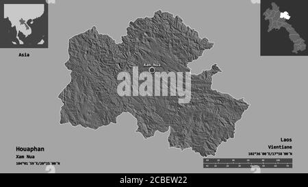 Shape of Houaphan, province of Laos, and its capital. Distance scale, previews and labels. Bilevel elevation map. 3D rendering Stock Photo