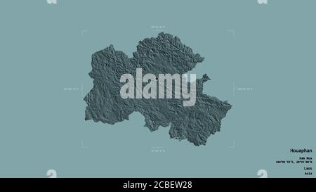 Area of Houaphan, province of Laos, isolated on a solid background in a georeferenced bounding box. Labels. Colored elevation map. 3D rendering Stock Photo