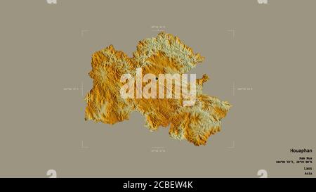 Area of Houaphan, province of Laos, isolated on a solid background in a georeferenced bounding box. Labels. Topographic relief map. 3D rendering Stock Photo