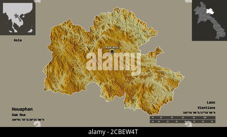 Shape of Houaphan, province of Laos, and its capital. Distance scale, previews and labels. Topographic relief map. 3D rendering Stock Photo