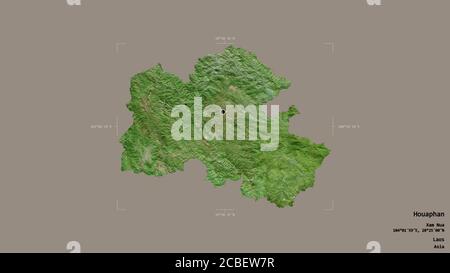 Area of Houaphan, province of Laos, isolated on a solid background in a georeferenced bounding box. Labels. Satellite imagery. 3D rendering Stock Photo