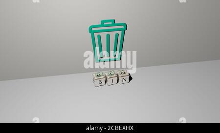 bin 3D icon on the wall and cubic letters on the floor - 3D illustration for garbage and background Stock Photo