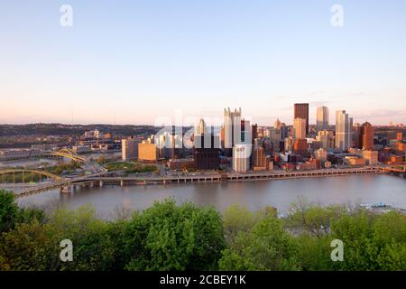 Panoramic view of Pittsburgh downtown at sunset, Pennsylvania, United States Stock Photo