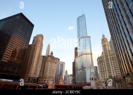 Cityscape of downtown Chicago at dawn, Illinois, United States Stock Photo