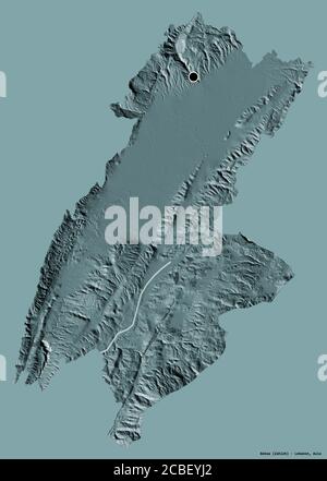 Shape of Bekaa, governorate of Lebanon, with its capital isolated on a solid color background. Colored elevation map. 3D rendering Stock Photo