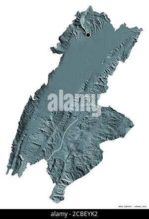 Shape of Bekaa, governorate of Lebanon, with its capital isolated on white background. Colored elevation map. 3D rendering Stock Photo