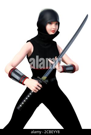 3D rendering of a female ninja holding a sword isolated on white background Stock Photo