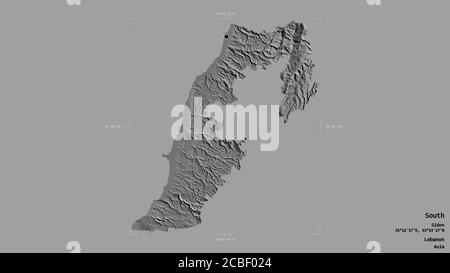 Area of South, governorate of Lebanon, isolated on a solid background in a georeferenced bounding box. Labels. Bilevel elevation map. 3D rendering Stock Photo