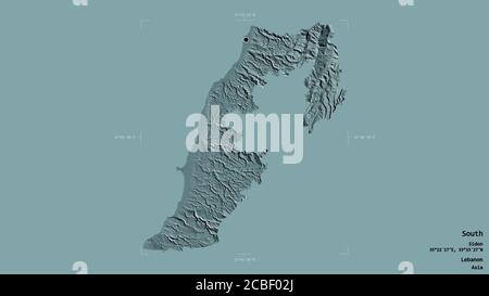 Area of South, governorate of Lebanon, isolated on a solid background in a georeferenced bounding box. Labels. Colored elevation map. 3D rendering Stock Photo