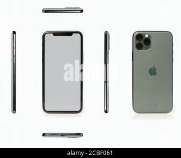 New york, USA - august 12, 2020: Iphone 11 isolated different views on white background. Real photo of apple iphone Stock Photo
