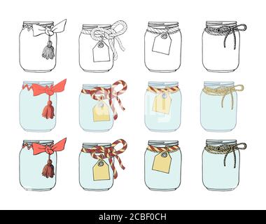 Set of hand drawn mason jars with bows and tags. Stock vector Stock Vector
