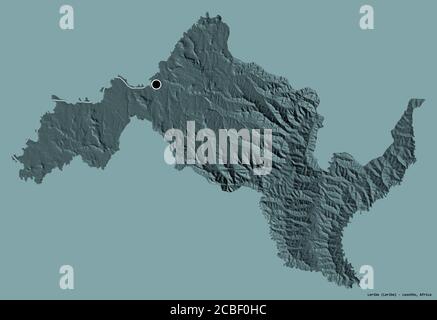 Shape of Leribe, district of Lesotho, with its capital isolated on a solid color background. Colored elevation map. 3D rendering Stock Photo