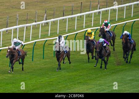 Oisin Murphy riding Sidereal (left) winning The Federation Of Bloodstock Agents Novice Stakes at Salisbury Racecourse, Wiltshire. Stock Photo