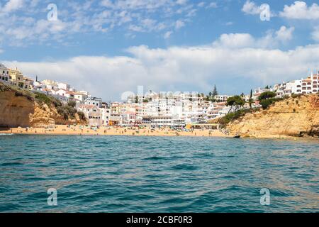 View from the sea of Carvoeiro beach. The Lagoa region has a coastline formed of towering cliffs, turquoise waters and picturesque beaches. The beache Stock Photo