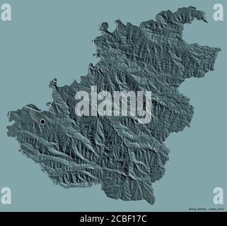 Shape of Quthing, district of Lesotho, with its capital isolated on a solid color background. Colored elevation map. 3D rendering Stock Photo