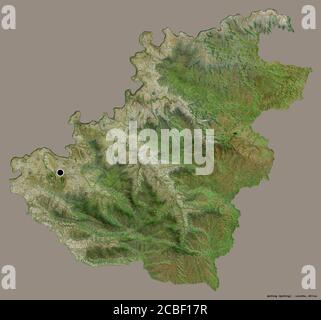 Shape of Quthing, district of Lesotho, with its capital isolated on a solid color background. Satellite imagery. 3D rendering Stock Photo