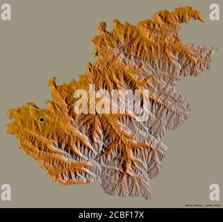 Shape of Quthing, district of Lesotho, with its capital isolated on a solid color background. Topographic relief map. 3D rendering Stock Photo