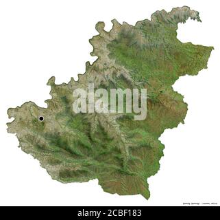Shape of Quthing, district of Lesotho, with its capital isolated on white background. Satellite imagery. 3D rendering Stock Photo