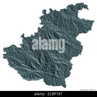 Shape of Quthing, district of Lesotho, with its capital isolated on white background. Colored elevation map. 3D rendering Stock Photo
