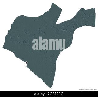 Shape of Grand Bassa, county of Liberia, with its capital isolated on white background. Colored elevation map. 3D rendering Stock Photo