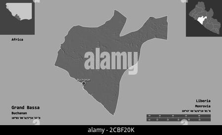 Shape of Grand Bassa, county of Liberia, and its capital. Distance scale, previews and labels. Bilevel elevation map. 3D rendering Stock Photo