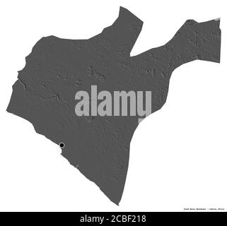 Shape of Grand Bassa, county of Liberia, with its capital isolated on white background. Bilevel elevation map. 3D rendering Stock Photo