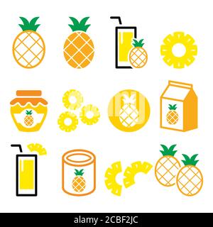 Pineapple fruit, pineapple slices, juice and vector icons set - healthy food and drinks design Stock Vector