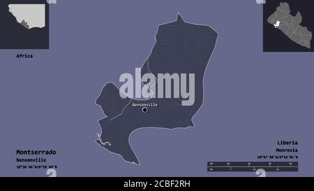 Shape of Montserrado, county of Liberia, and its capital. Distance scale, previews and labels. Colored elevation map. 3D rendering Stock Photo