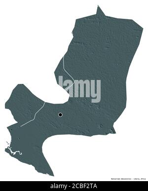 Shape of Montserrado, county of Liberia, with its capital isolated on white background. Colored elevation map. 3D rendering Stock Photo