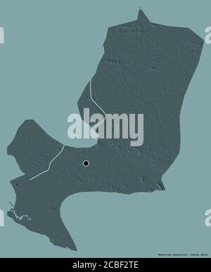 Shape of Montserrado, county of Liberia, with its capital isolated on a solid color background. Colored elevation map. 3D rendering Stock Photo