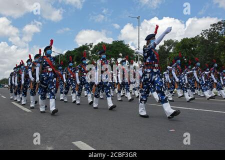 Kolkata, India. 13th Aug, 2020. The participant of women RAF march past during final rehearsal of 15th August, 2020 programme. (Photo by Suraranjan Nandi/Pacific Press) Credit: Pacific Press Media Production Corp./Alamy Live News Stock Photo