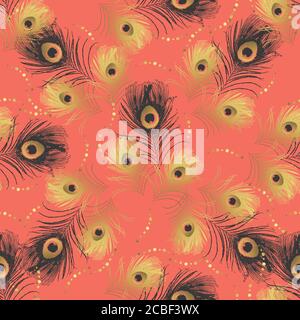 Abstract seamless pattern with peacock feathers on pink background. Stock vector Stock Vector