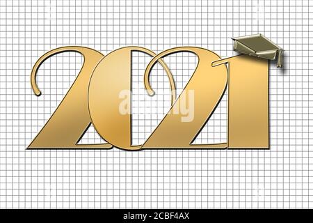 Class of 2021 with graduation Cap. Design for greeting card, invitation, poster, brochure, label. Luxury creative golden design. 3D Illustration Stock Photo