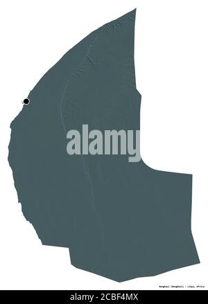 Shape of Benghazi, district of Libya, with its capital isolated on white background. Colored elevation map. 3D rendering Stock Photo