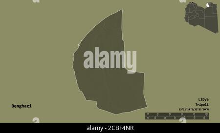 Shape of Benghazi, district of Libya, with its capital isolated on solid background. Distance scale, region preview and labels. Colored elevation map. Stock Photo