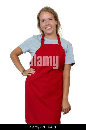 Beautiful blond german waitress with red apron isolated on white background for cut out Stock Photo