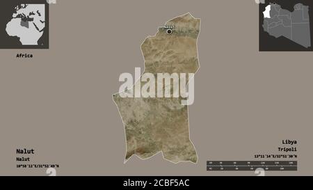 Shape of Nalut, district of Libya, and its capital. Distance scale, previews and labels. Satellite imagery. 3D rendering Stock Photo