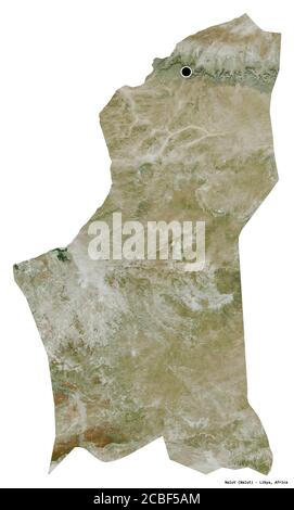 Shape of Nalut, district of Libya, with its capital isolated on white background. Satellite imagery. 3D rendering Stock Photo