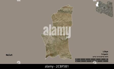 Shape of Nalut, district of Libya, with its capital isolated on solid background. Distance scale, region preview and labels. Satellite imagery. 3D ren Stock Photo