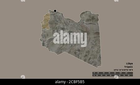 Desaturated shape of Libya with its capital, main regional division and the separated Nalut area. Labels. Satellite imagery. 3D rendering Stock Photo