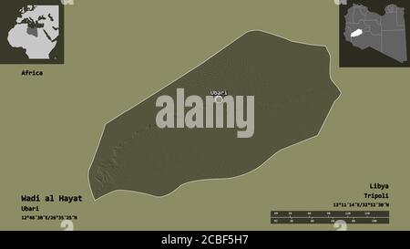 Shape of Wadi al Hayat, district of Libya, and its capital. Distance scale, previews and labels. Colored elevation map. 3D rendering Stock Photo