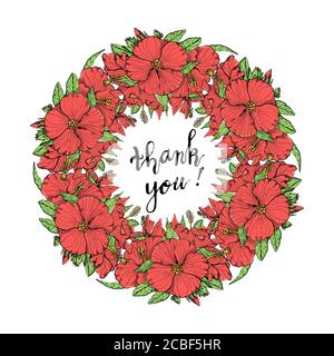 Hand drawn pink hibiscus flowers circular wreath. Floral design element. Isolated on white background. Vector Stock Vector